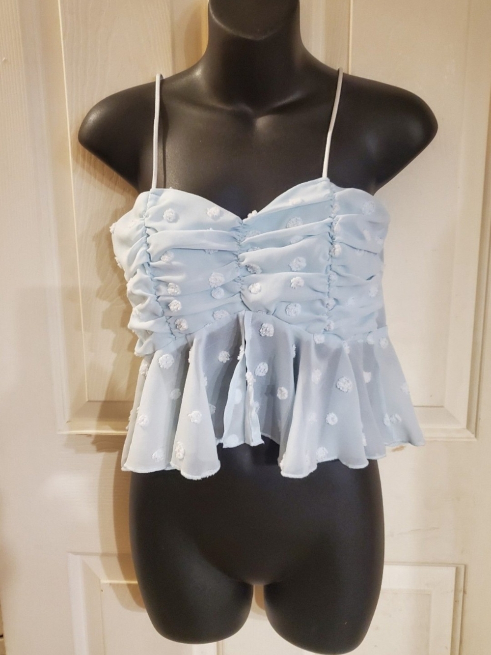 Light Blue Floral Ruched Spaghetti-Strap Crop Top
